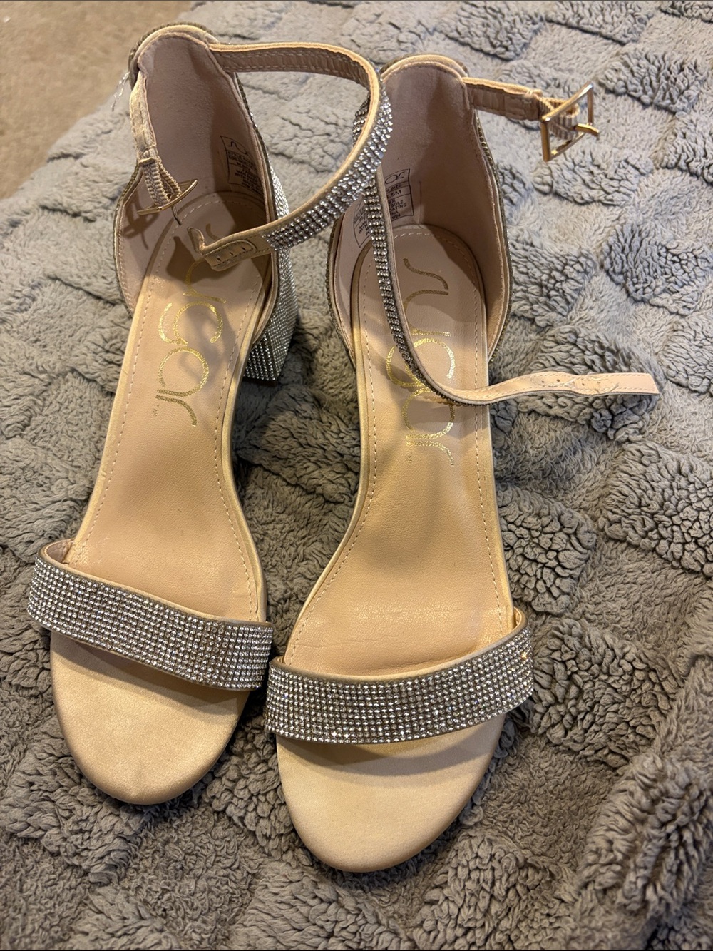 Women's Nude Rhinestone Ankle-Strap Block Heel Sandals